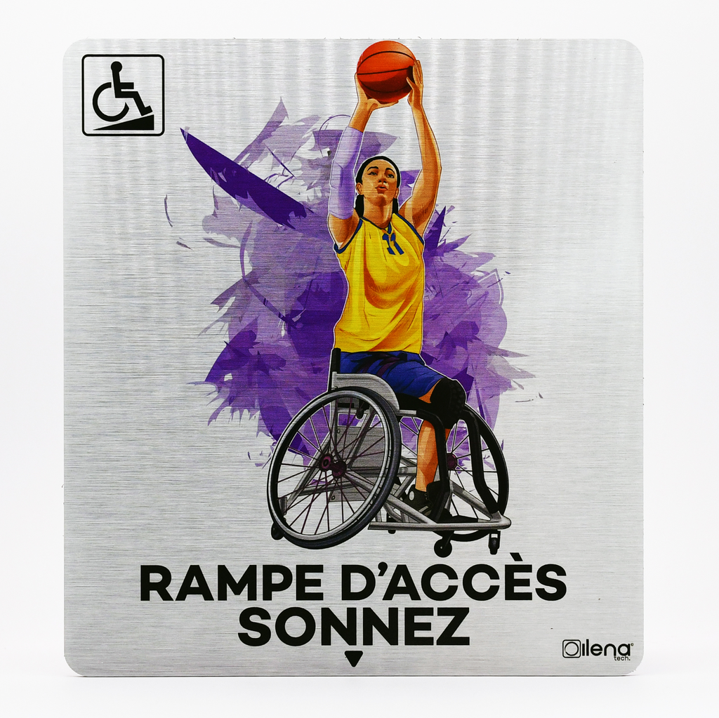 Panneau PMR - handicap -Rampe accès sonnez Basketteuse gris