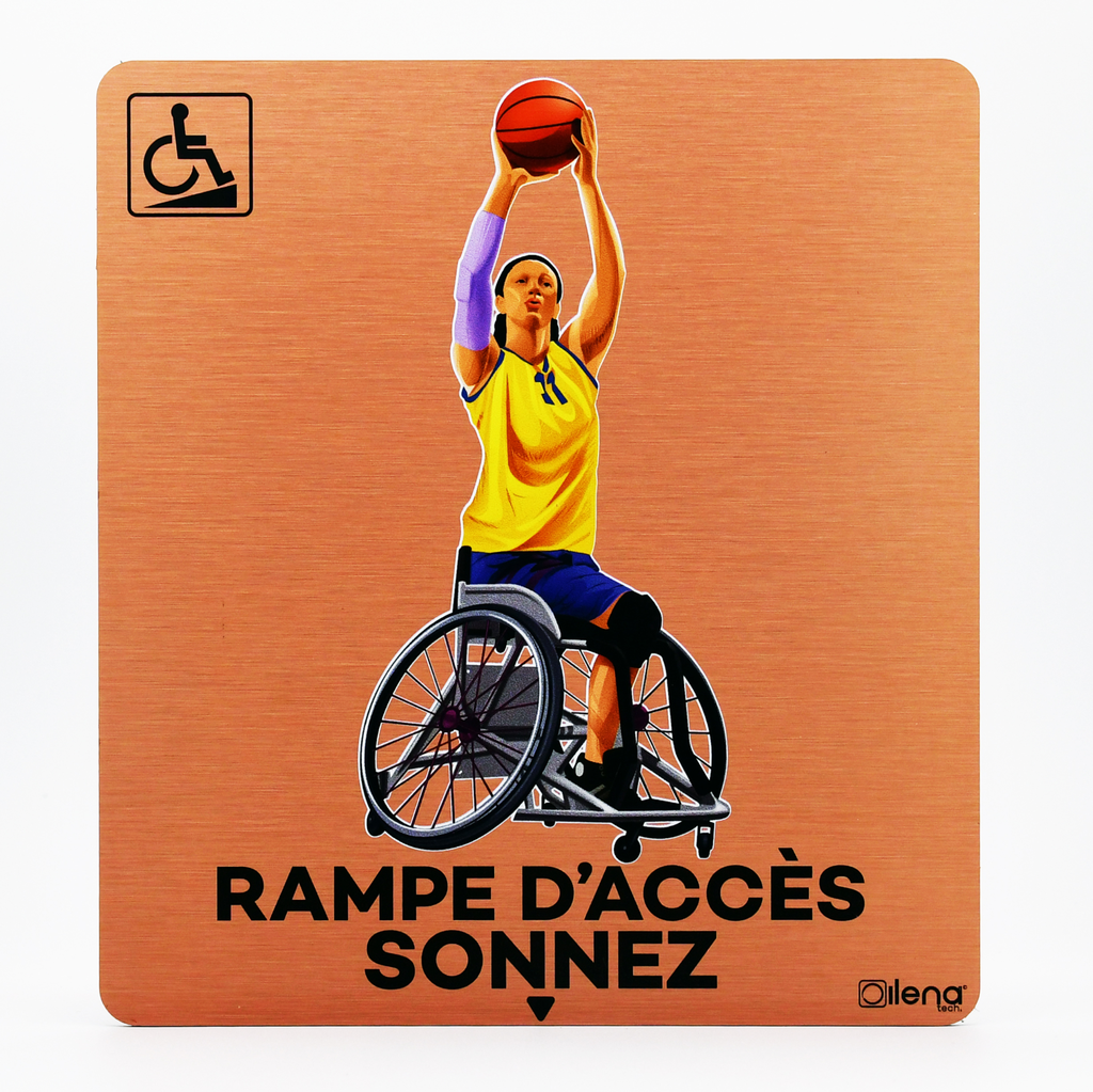Panneau PMR - handicap -Rampe accès sonnez Basketteuse cuivre